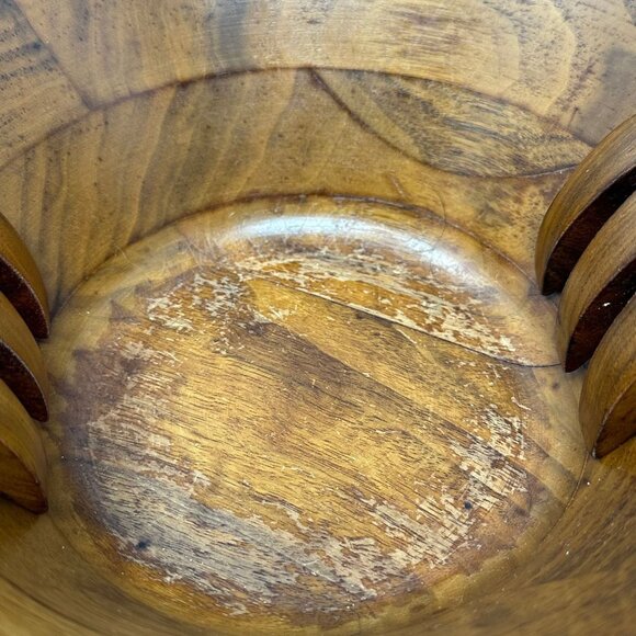 Vintage Burl Walnut 6 4 Salad Bowl With Hanging Utensils MCM Billings Missouri - Picture 3 of 12